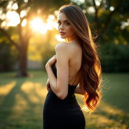 A beautiful woman with long flowing hair, wearing a stylish dress, gracefully turning her back to the viewer, her hair catching the light as it cascades down her shoulders