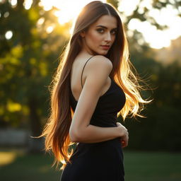 A beautiful woman with long flowing hair, wearing a stylish dress, gracefully turning her back to the viewer, her hair catching the light as it cascades down her shoulders