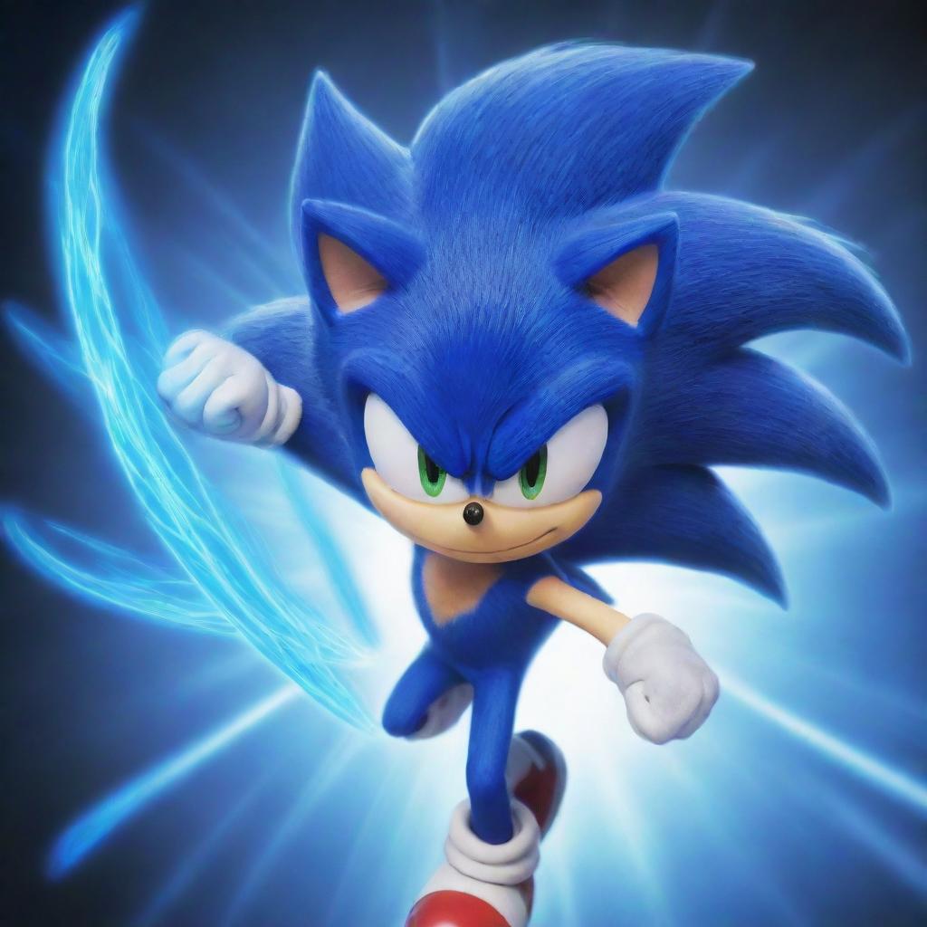 An image depicting Sonic the Hedgehog in the style of Tatsumaki from 'One Punch Man', featuring Sonic's distinct blue hues and speed, with a twist of Tatsumaki's psychic power aura.
