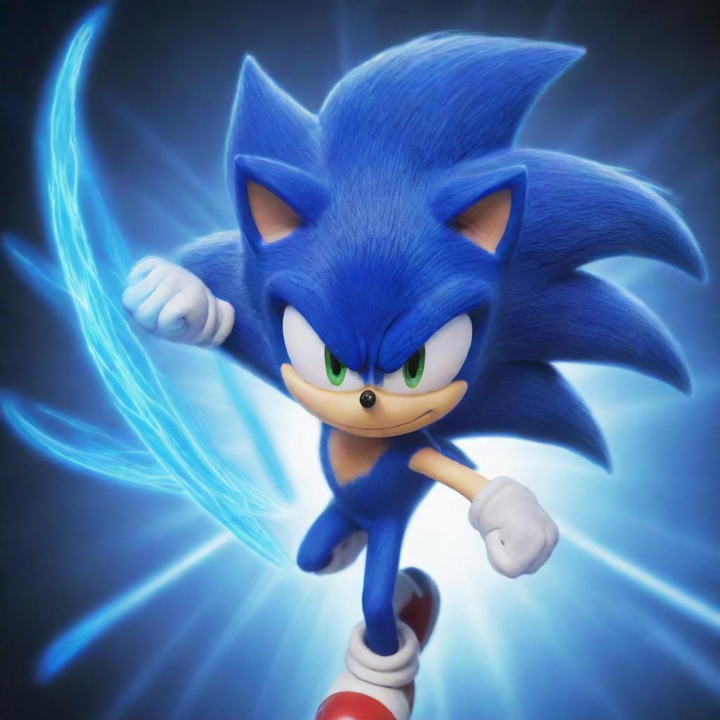 An image depicting Sonic the Hedgehog in the style of Tatsumaki from 'One Punch Man', featuring Sonic's distinct blue hues and speed, with a twist of Tatsumaki's psychic power aura.