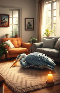 A heart-wrenching scene depicting a beautiful heron laying peacefully in a small living room setting filled with soft, natural light