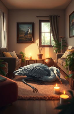 A heart-wrenching scene depicting a beautiful heron laying peacefully in a small living room setting filled with soft, natural light