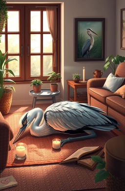 A heart-wrenching scene depicting a beautiful heron laying peacefully in a small living room setting filled with soft, natural light