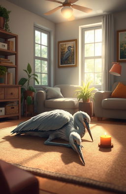 A heart-wrenching scene depicting a beautiful heron laying peacefully in a small living room setting filled with soft, natural light