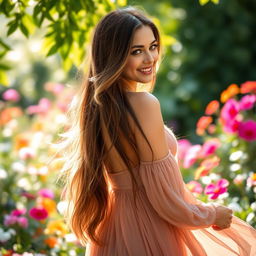 A beautiful woman with long, flowing hair looking back over her shoulder with a captivating smile