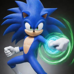 An image depicting Sonic the Hedgehog in the style of Tatsumaki from 'One Punch Man', featuring Sonic's distinct blue hues and speed, with a twist of Tatsumaki's psychic power aura.