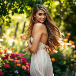 A beautiful woman with long, flowing hair looking back over her shoulder with a captivating smile