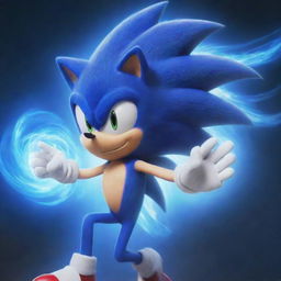 An image depicting Sonic the Hedgehog in the style of Tatsumaki from 'One Punch Man', featuring Sonic's distinct blue hues and speed, with a twist of Tatsumaki's psychic power aura.