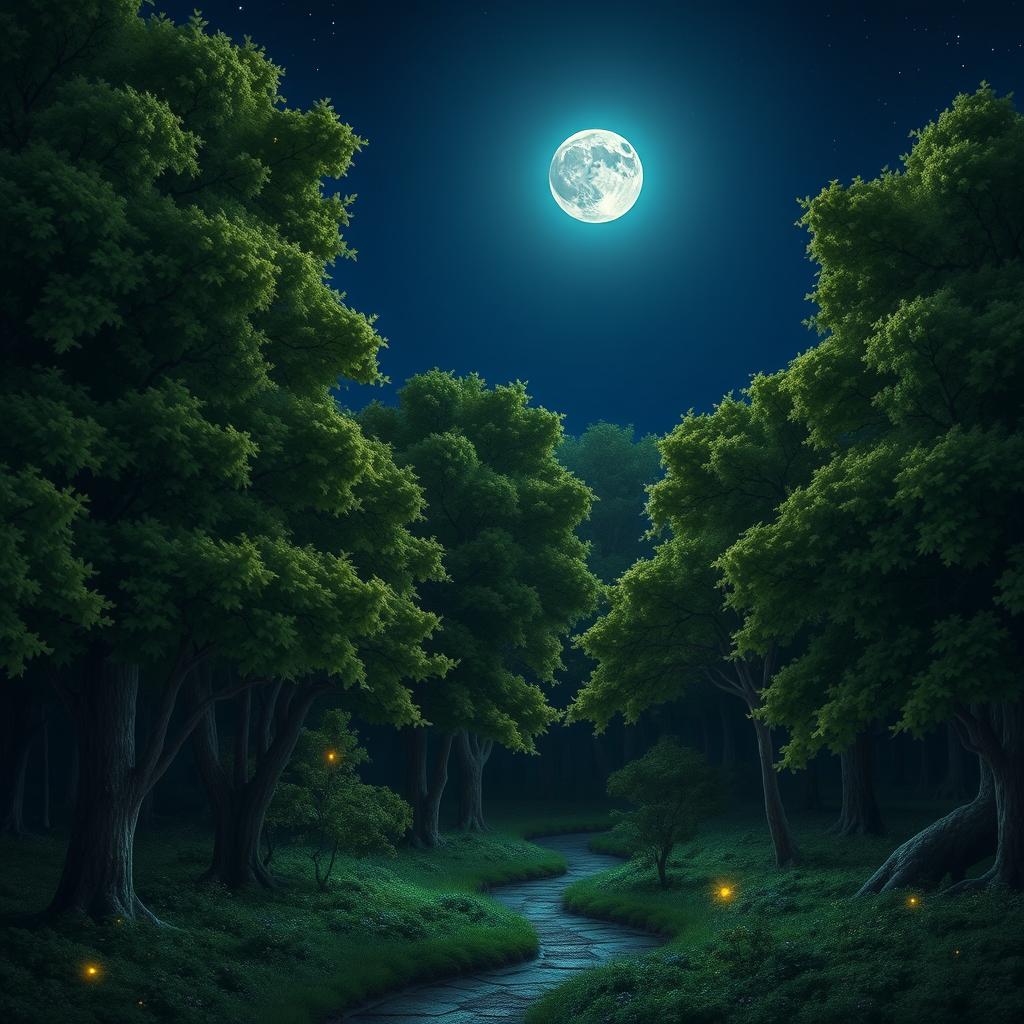 A serene nighttime forest scene, showcasing a dense array of trees with lush green foliage