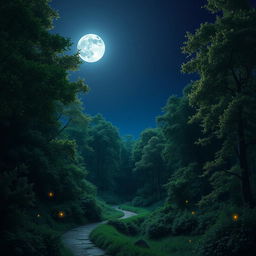 A serene nighttime forest scene, showcasing a dense array of trees with lush green foliage