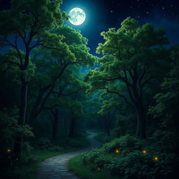 A serene nighttime forest scene, showcasing a dense array of trees with lush green foliage