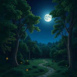 A serene nighttime forest scene, showcasing a dense array of trees with lush green foliage