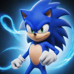 An image depicting Sonic the Hedgehog in the style of Tatsumaki from 'One Punch Man', featuring Sonic's distinct blue hues and speed, with a twist of Tatsumaki's psychic power aura.