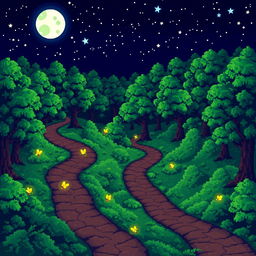 A vibrant pixel art depiction of a nighttime forest, featuring multiple winding paths that weave through the trees