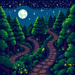 A vibrant pixel art depiction of a nighttime forest, featuring multiple winding paths that weave through the trees