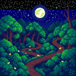 A vibrant pixel art depiction of a nighttime forest, featuring multiple winding paths that weave through the trees