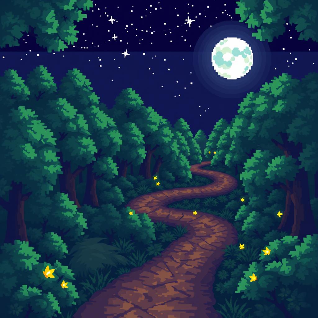 A vibrant pixel art depiction of a nighttime forest, featuring multiple winding paths that weave through the trees