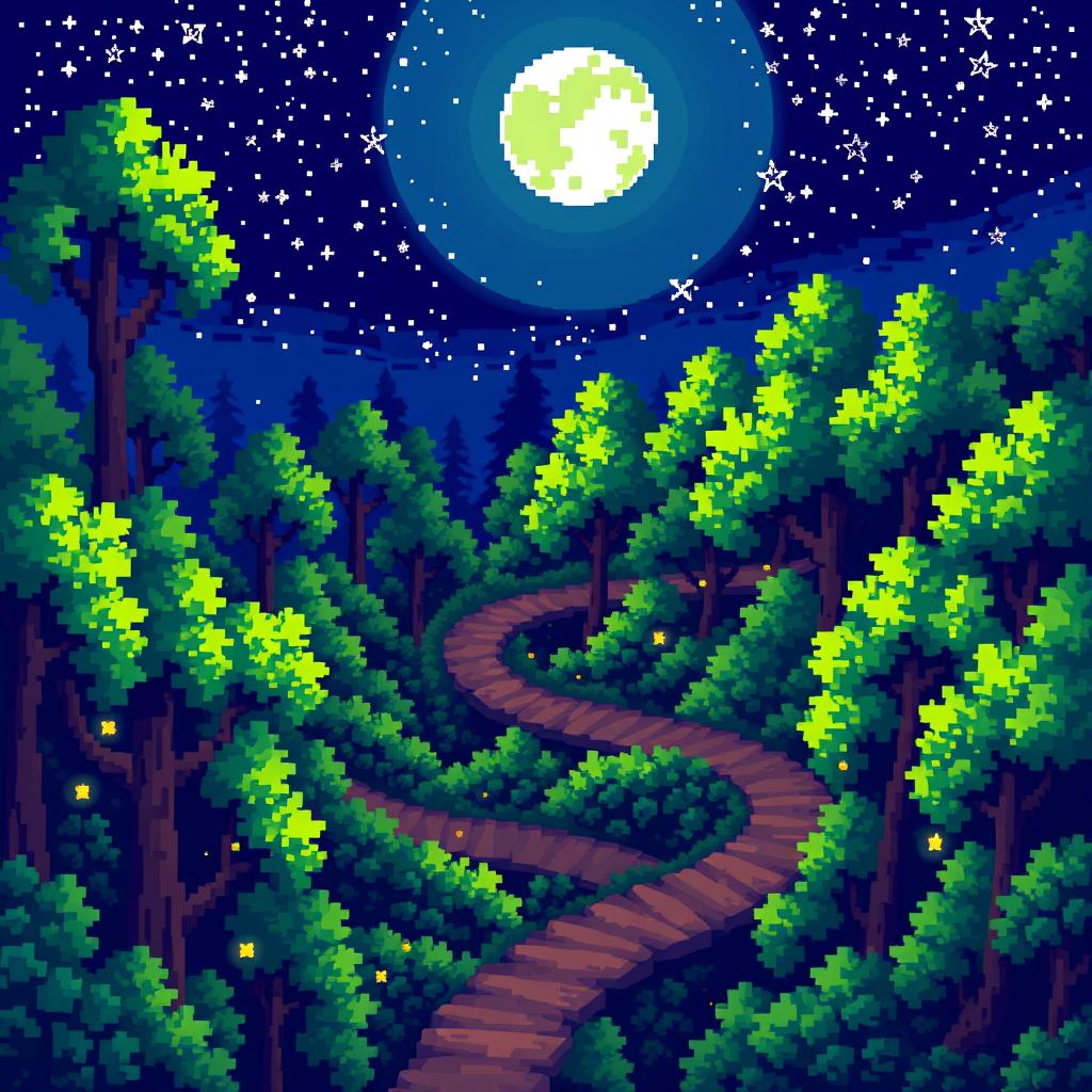 A colorful pixel art illustration of a nighttime forest, showcasing multiple winding pathways that intertwine through dense pixelated trees