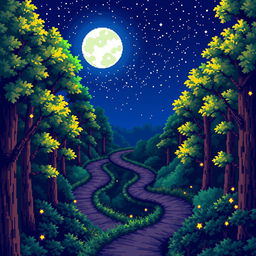 A colorful pixel art illustration of a nighttime forest, showcasing multiple winding pathways that intertwine through dense pixelated trees