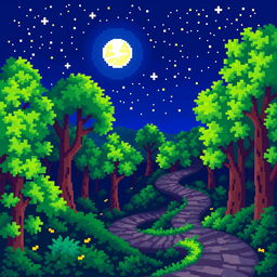 A colorful pixel art illustration of a nighttime forest, showcasing multiple winding pathways that intertwine through dense pixelated trees