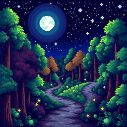 A colorful pixel art illustration of a nighttime forest, showcasing multiple winding pathways that intertwine through dense pixelated trees