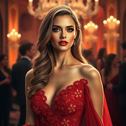 A realistic portrait of an elegant woman with striking features, wearing a flowing red evening gown, adorned with intricate lace details