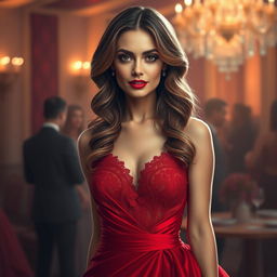 A realistic portrait of an elegant woman with striking features, wearing a flowing red evening gown, adorned with intricate lace details