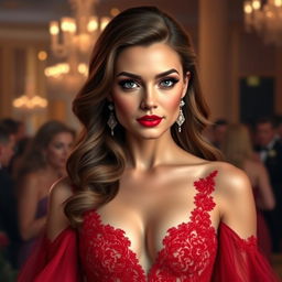 A realistic portrait of an elegant woman with striking features, wearing a flowing red evening gown, adorned with intricate lace details