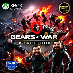 An action-packed scene featuring iconic characters from Gears of War Ultimate Edition, engaged in intense combat