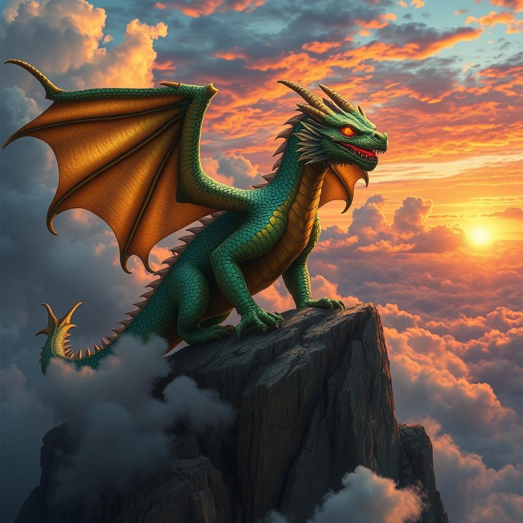 A majestic and fierce dragon perched on a rocky cliff, its scales shimmering in vibrant hues of emerald green and deep gold