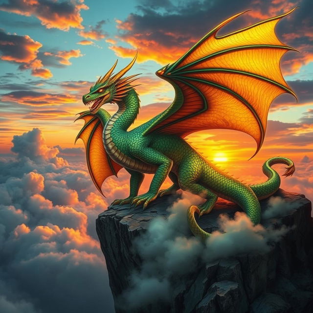 A majestic and fierce dragon perched on a rocky cliff, its scales shimmering in vibrant hues of emerald green and deep gold