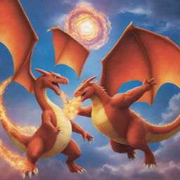 A dynamic confrontation between the fire-flying Pokemon Charizard and the dragon Pokemon Dragonair in the vibrant skies