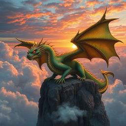 A majestic and fierce dragon perched on a rocky cliff, its scales shimmering in vibrant hues of emerald green and deep gold