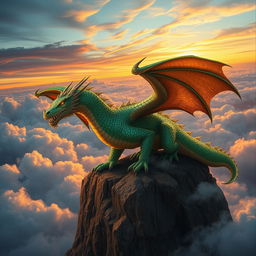 A majestic and fierce dragon perched on a rocky cliff, its scales shimmering in vibrant hues of emerald green and deep gold