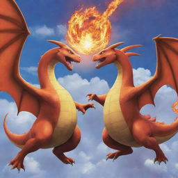 A dynamic confrontation between the fire-flying Pokemon Charizard and the dragon Pokemon Dragonair in the vibrant skies