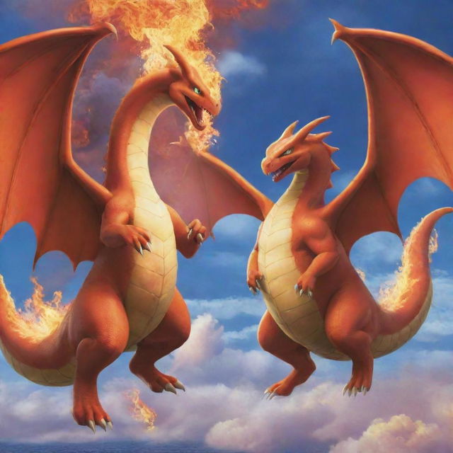 A dynamic confrontation between the fire-flying Pokemon Charizard and the dragon Pokemon Dragonair in the vibrant skies