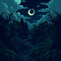 A dark and eerie pixel art illustration of a spooky forest at night, featuring multiple winding paths that twist through dense, ominous trees