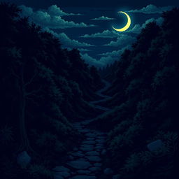 A dark and eerie pixel art illustration of a spooky forest at night, featuring multiple winding paths that twist through dense, ominous trees