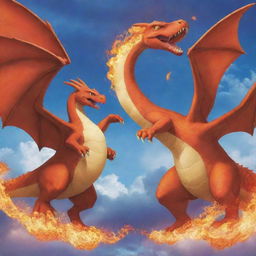 A dynamic confrontation between the fire-flying Pokemon Charizard and the dragon Pokemon Dragonair in the vibrant skies