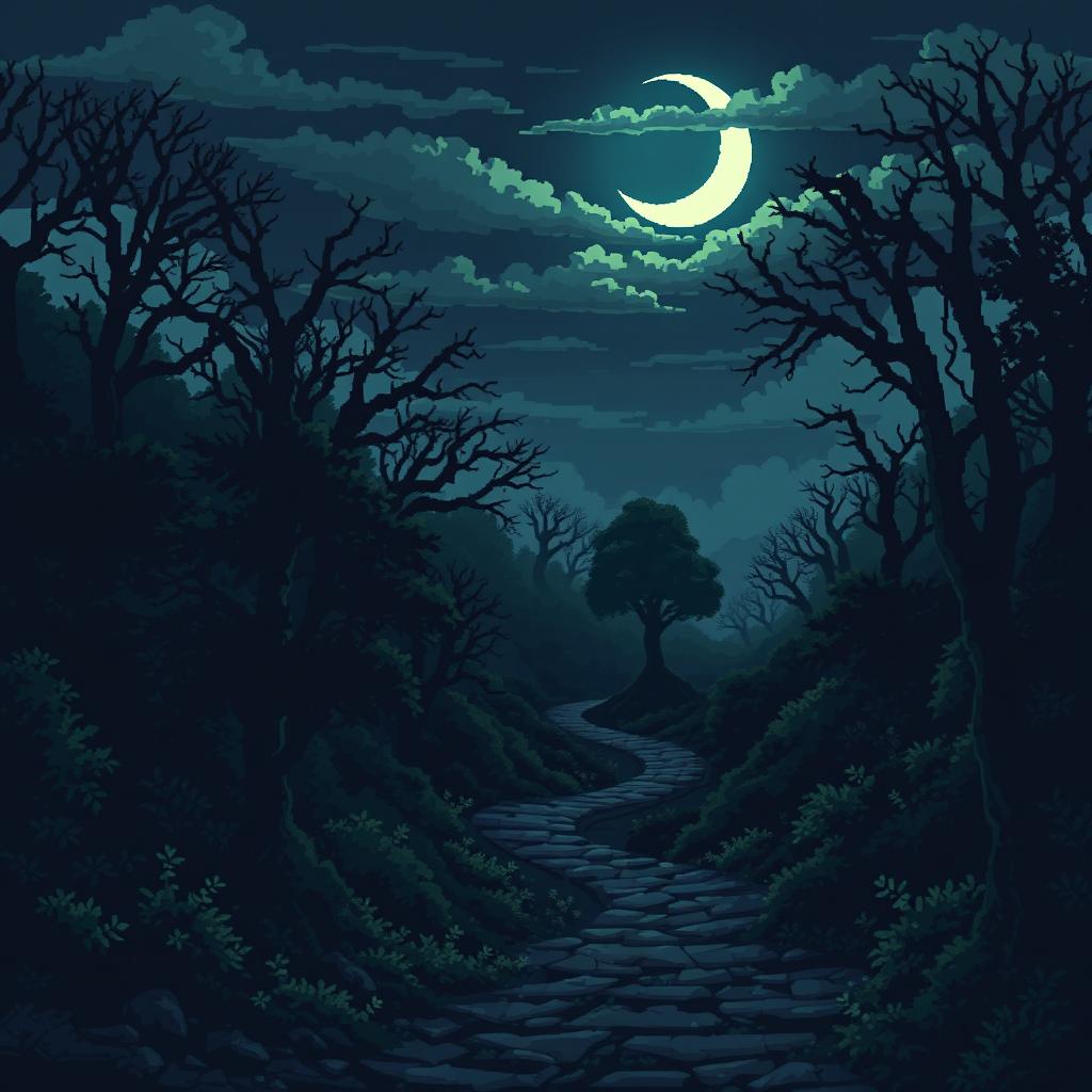 A dark and eerie pixel art illustration of a spooky forest at night, featuring multiple winding paths that twist through dense, ominous trees