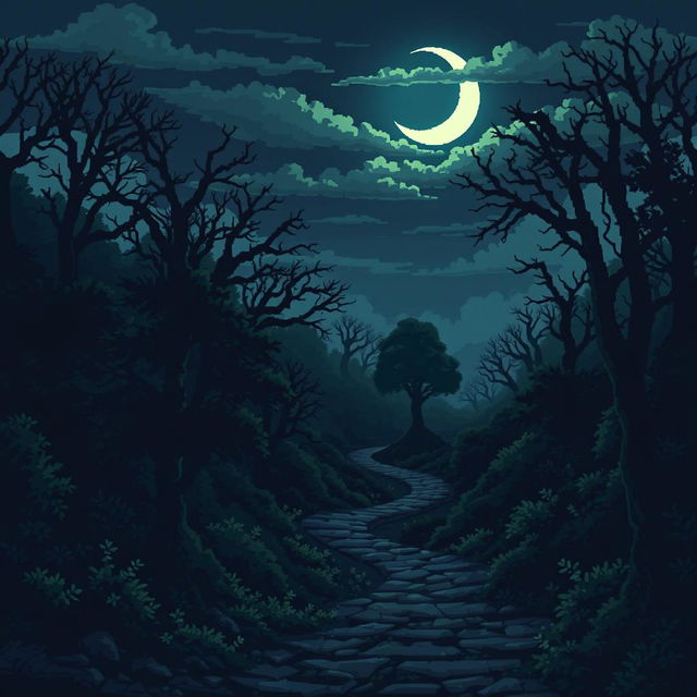 A dark and eerie pixel art illustration of a spooky forest at night, featuring multiple winding paths that twist through dense, ominous trees