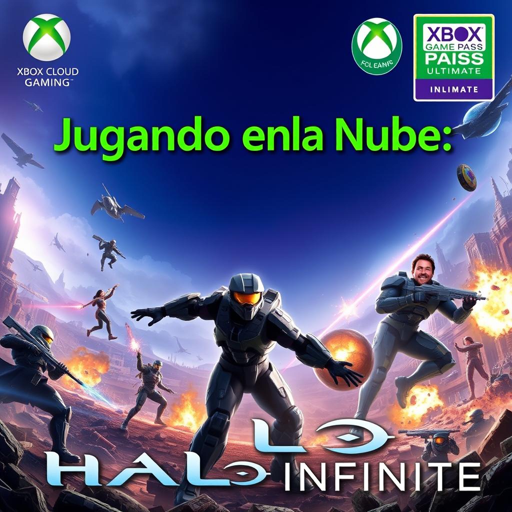 A vibrant and eye-catching YouTube thumbnail for the video titled 'Jugando en la Nube: Halo Infinite | Gameplay | Xbox Cloud Gaming 🎮🔥👾| Game Pass Ultimate'