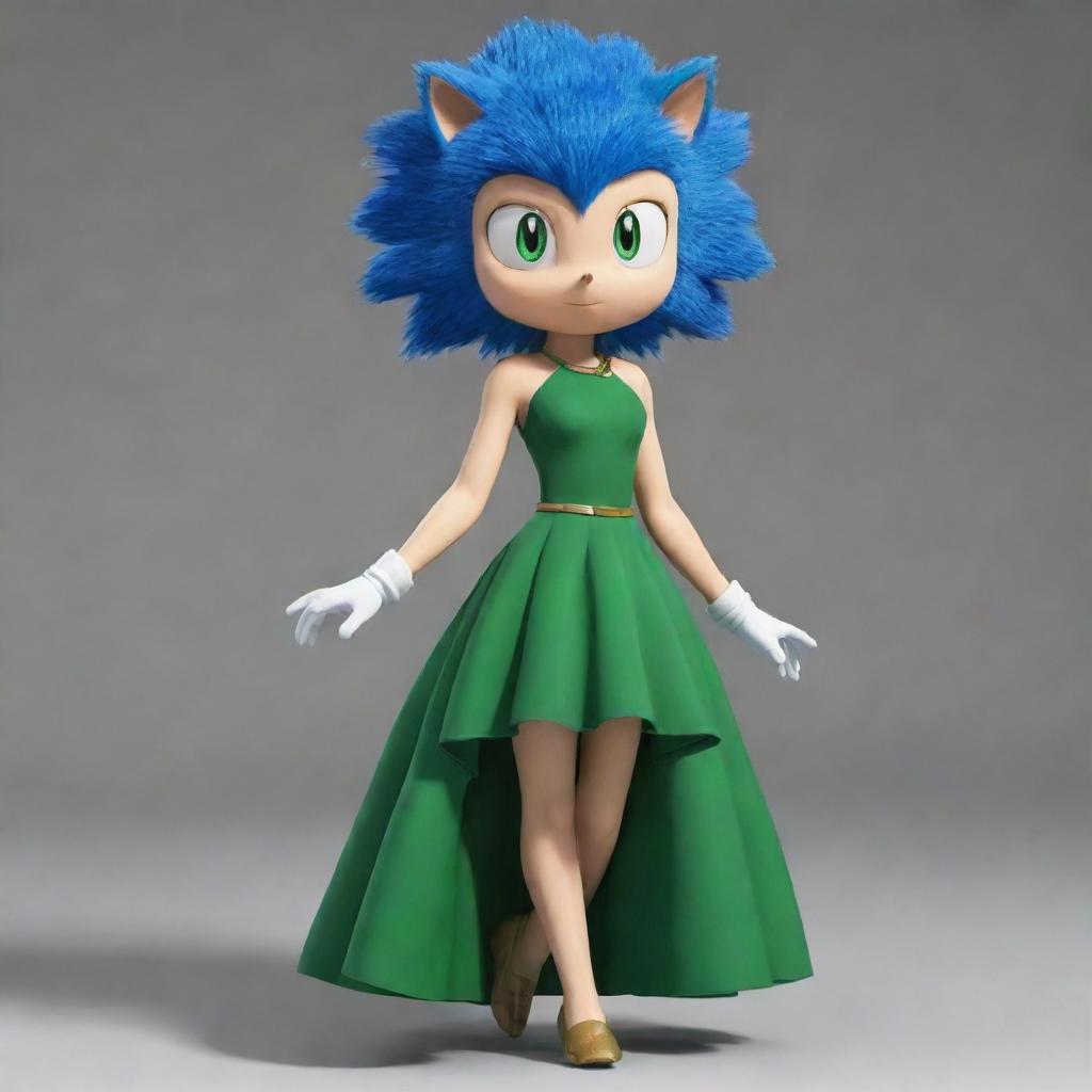 Sonic, the blue anthropomorphic hedgehog, redesigned to have features of Tatsumaki from One Punch Man. Give Sonic Tatsumaki's telekinetic powers, green dress and short hair.