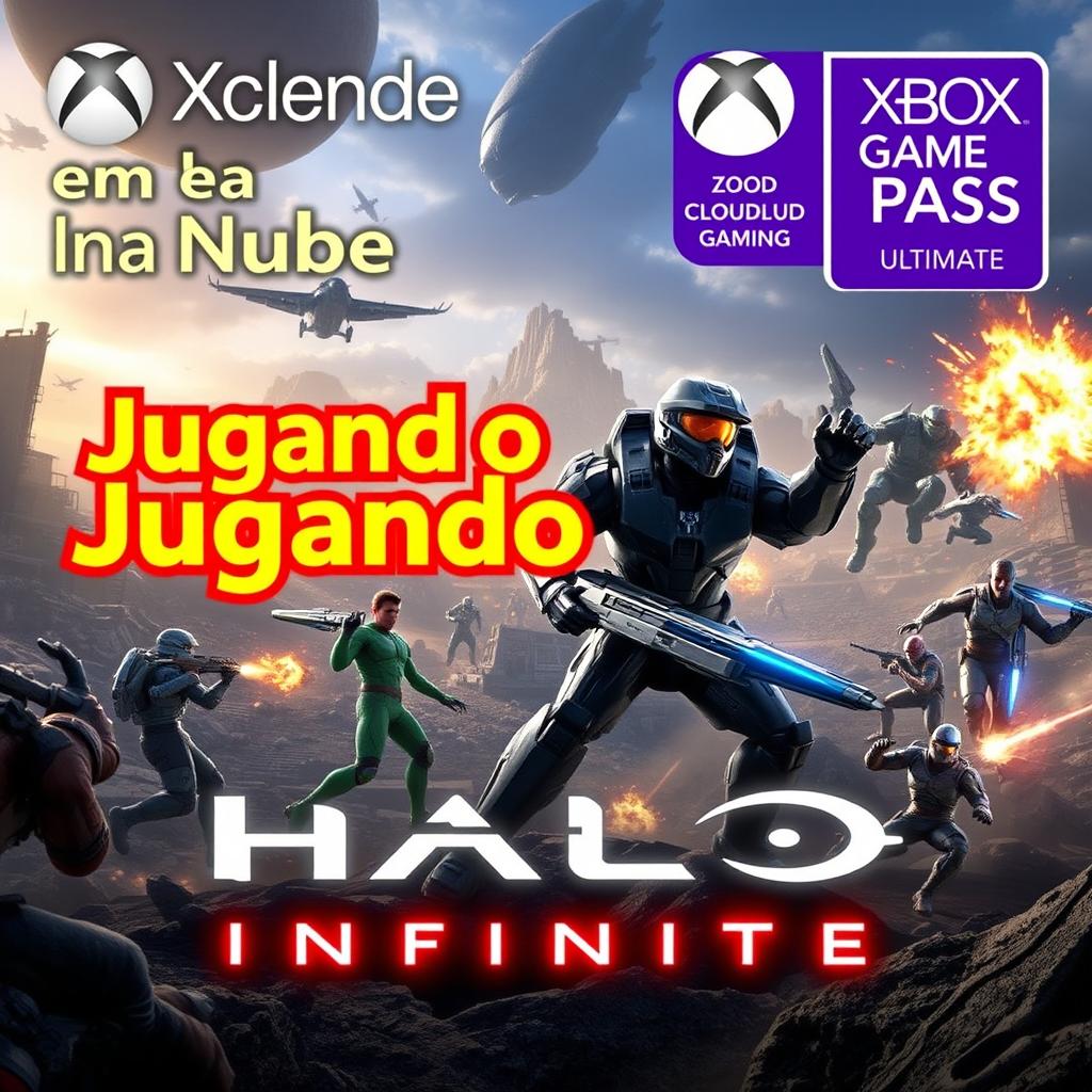 A vibrant and eye-catching YouTube thumbnail for the video titled 'Jugando en la Nube: Halo Infinite | Gameplay | Xbox Cloud Gaming 🎮🔥👾| Game Pass Ultimate'