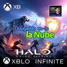 A vibrant and eye-catching YouTube thumbnail for the video titled 'Jugando en la Nube: Halo Infinite | Gameplay | Xbox Cloud Gaming 🎮🔥👾| Game Pass Ultimate'