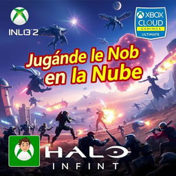 A vibrant and eye-catching YouTube thumbnail for the video titled 'Jugando en la Nube: Halo Infinite | Gameplay | Xbox Cloud Gaming 🎮🔥👾| Game Pass Ultimate'