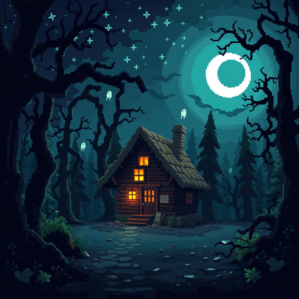 A captivating pixel art scene depicting a mysterious house situated in the middle of a dark, eerie forest