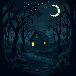 A captivating pixel art scene depicting a mysterious house situated in the middle of a dark, eerie forest