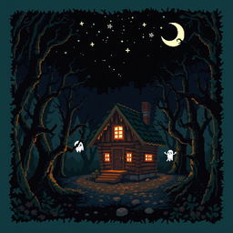 A captivating pixel art scene depicting a mysterious house situated in the middle of a dark, eerie forest