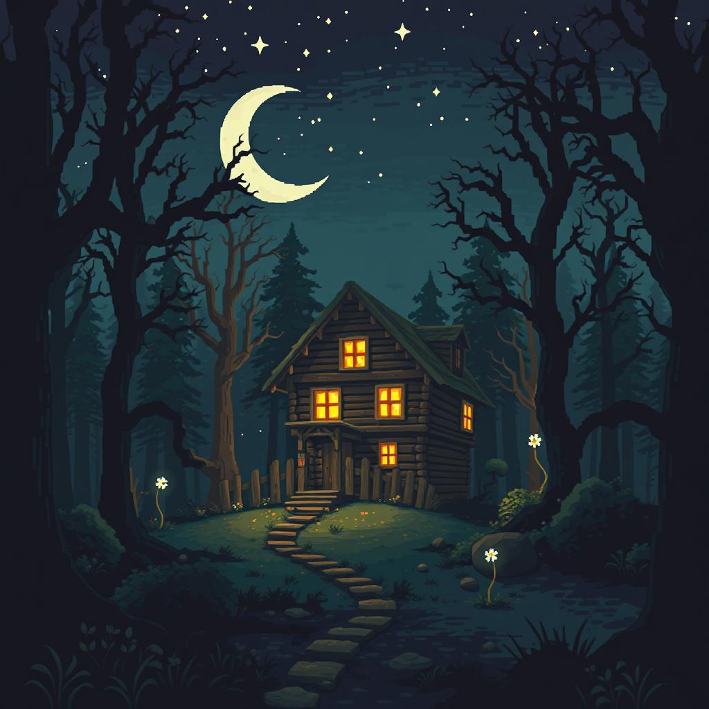 A captivating pixel art scene depicting a mysterious house situated in the middle of a dark, eerie forest